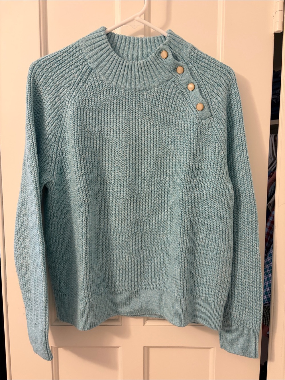 J. Crew Factory Light Teal Button-Shoulder Ribbed Mock Neck Sweater